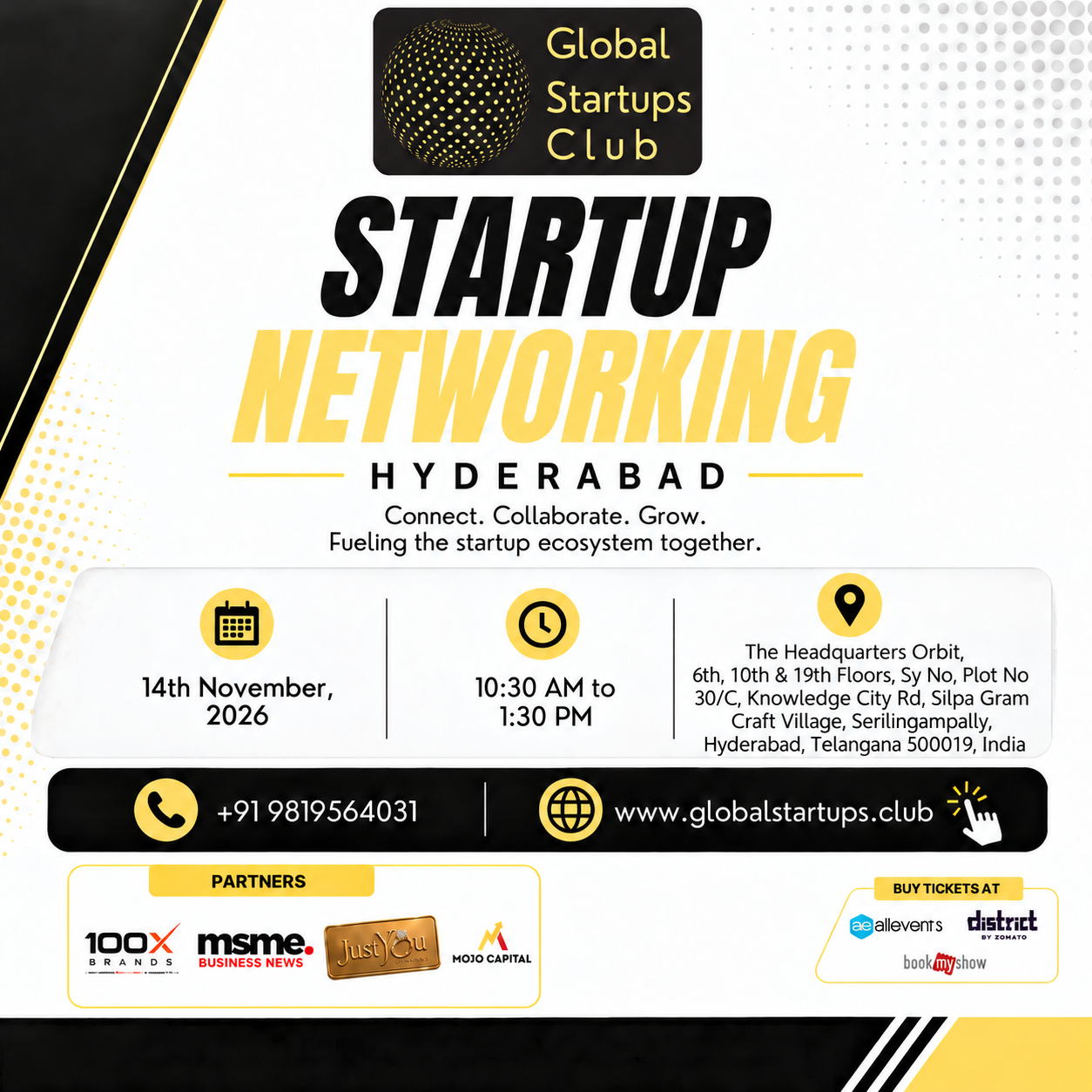 Global Startups Club Hyderabad Startup Networking square flyer for 14 November 2026